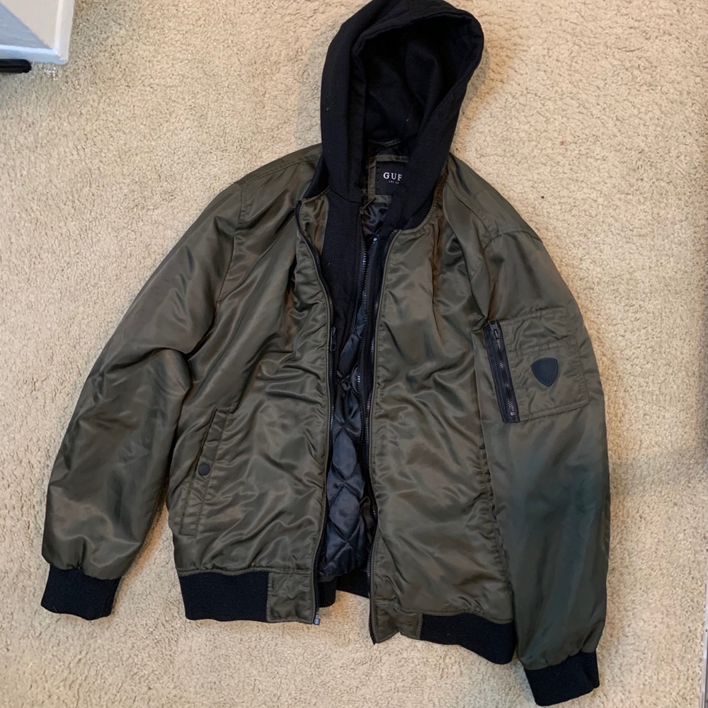 Guess Green bomber jacket with hoodie inside.